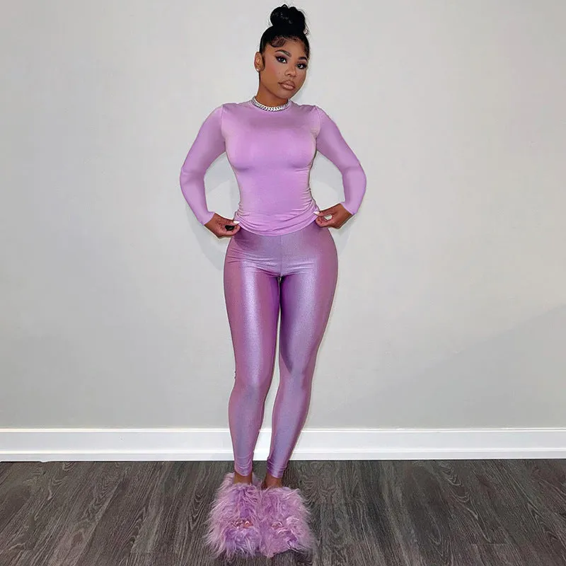 Effortless Style Round Neck Long Sleeve Top and Pants Casual Set