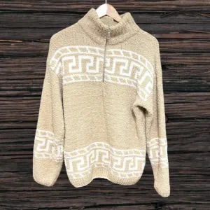 Elan Tan and White Cowl Neck Sweater with Geometric Patterns