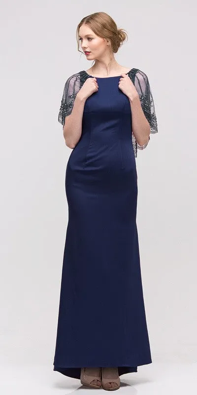 Eureka 7003 Long Formal Dress Sheer Embellished Fixed Shawl