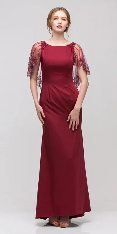 Eureka 7003 Long Formal Dress Sheer Embellished Fixed Shawl