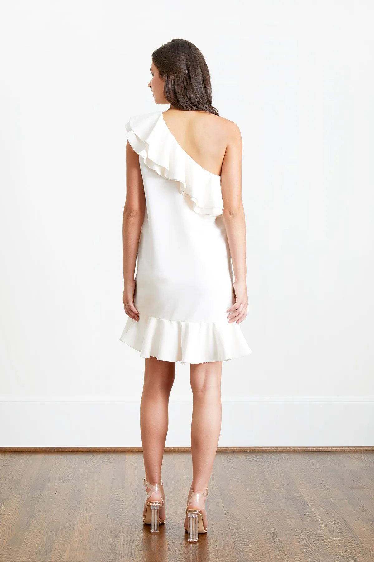 Evie One Shoulder Short White Bridal Party & Rehearsal Dinner Dress