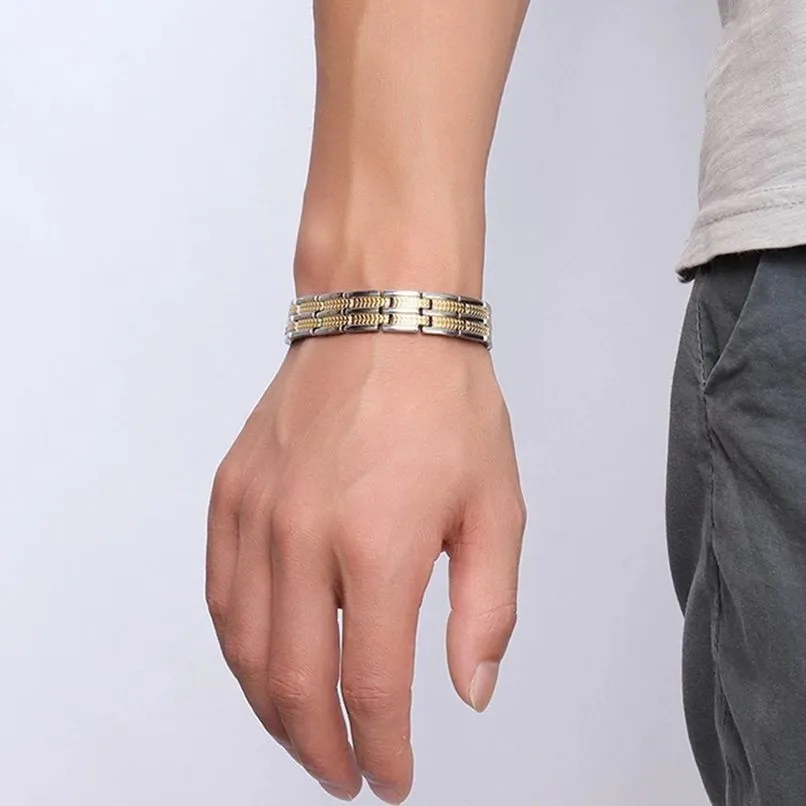 Exquisite Italian Stainless Steel 18K Gold Rhodium Finish Magnetic Bracelet for Men