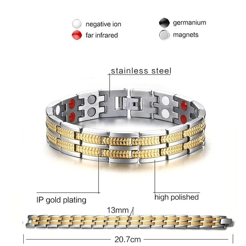 Exquisite Italian Stainless Steel 18K Gold Rhodium Finish Magnetic Bracelet for Men