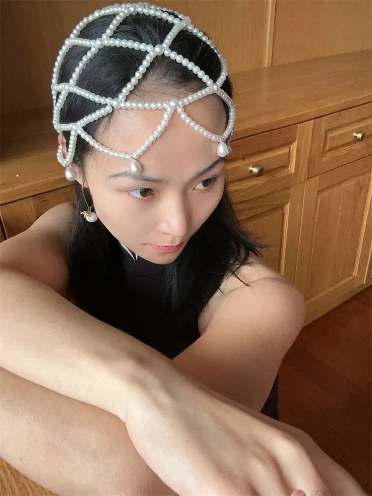 fashion chic women white handmade pearl weave hat