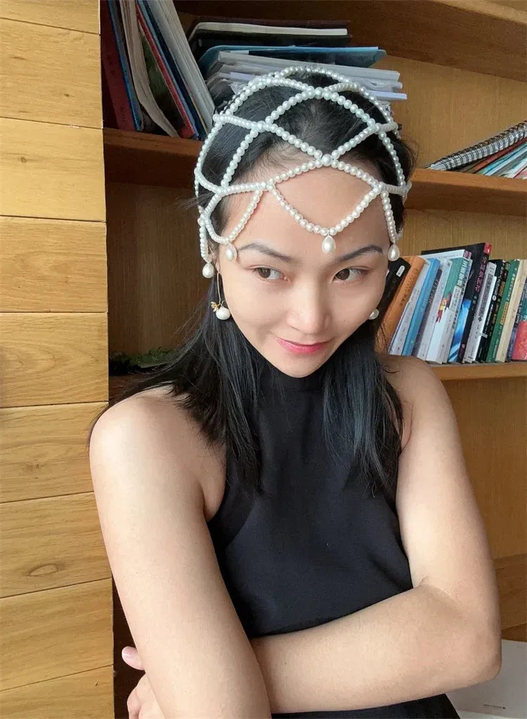 fashion chic women white handmade pearl weave hat