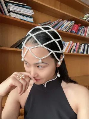 fashion chic women white handmade pearl weave hat