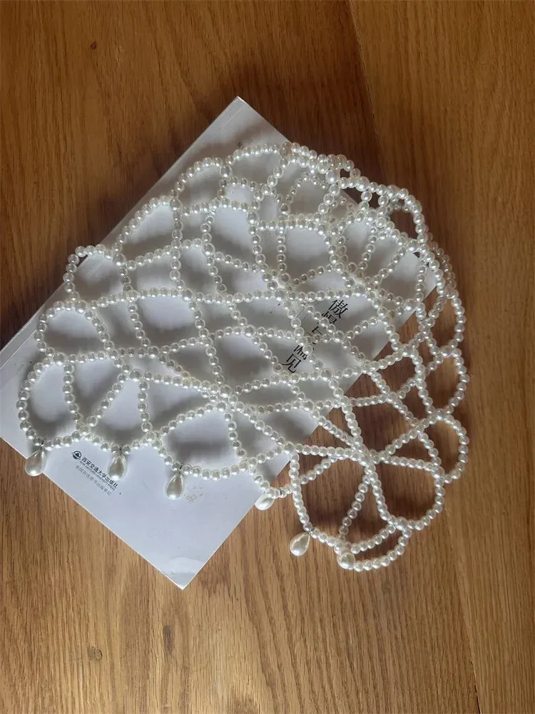 fashion chic women white handmade pearl weave hat