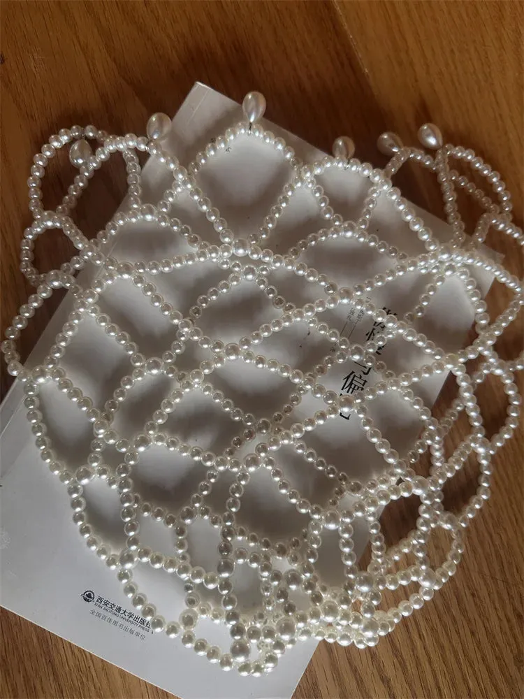 fashion chic women white handmade pearl weave hat