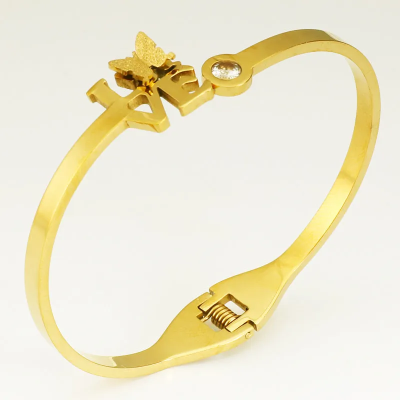 Fashion Zircon LOVE Butterfly Shaped Gold Plated Stainless Steel Bracelet Bangles for Women