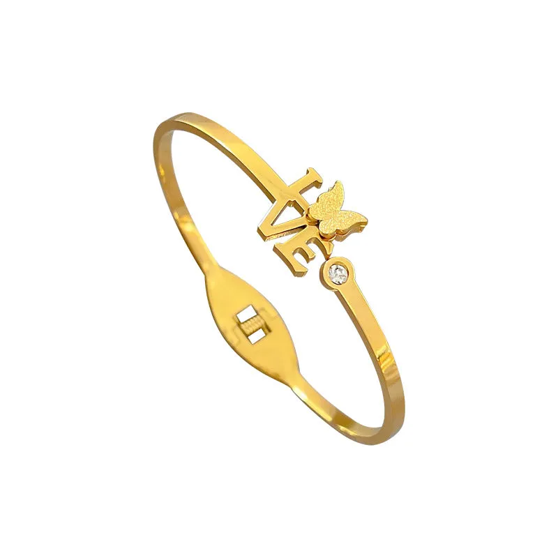 Fashion Zircon LOVE Butterfly Shaped Gold Plated Stainless Steel Bracelet Bangles for Women