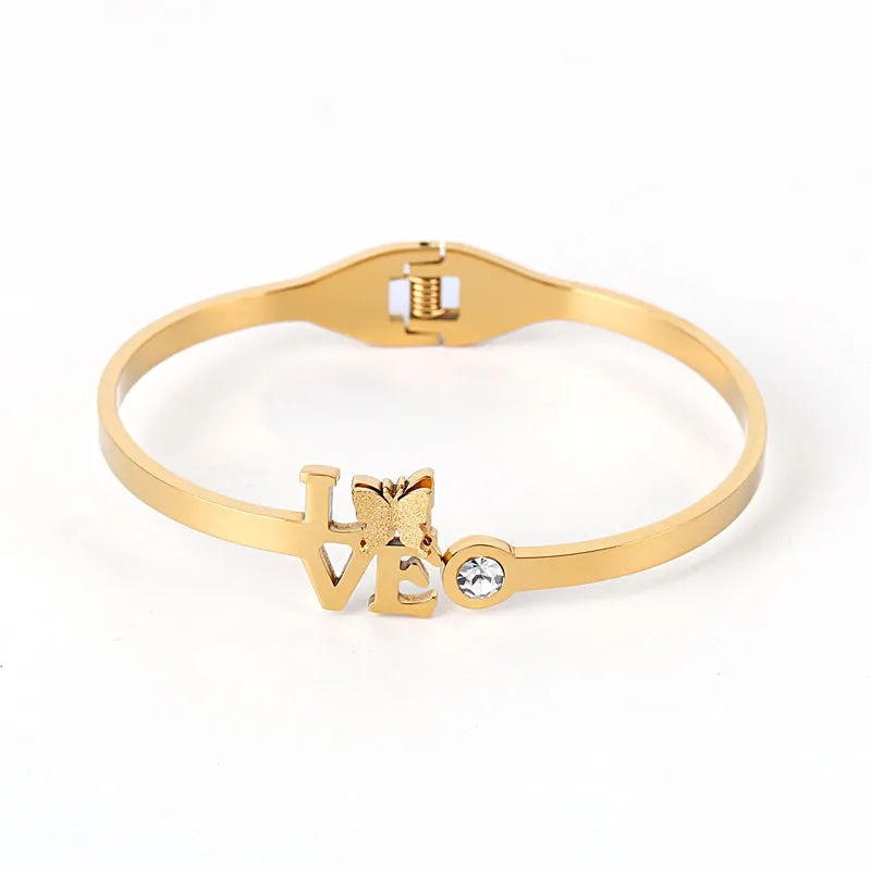 Fashion Zircon LOVE Butterfly Shaped Gold Plated Stainless Steel Bracelet Bangles for Women