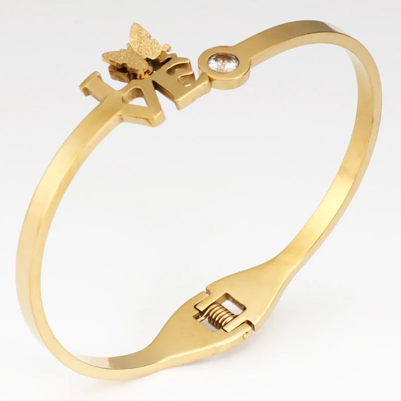 Fashion Zircon LOVE Butterfly Shaped Gold Plated Stainless Steel Bracelet Bangles for Women