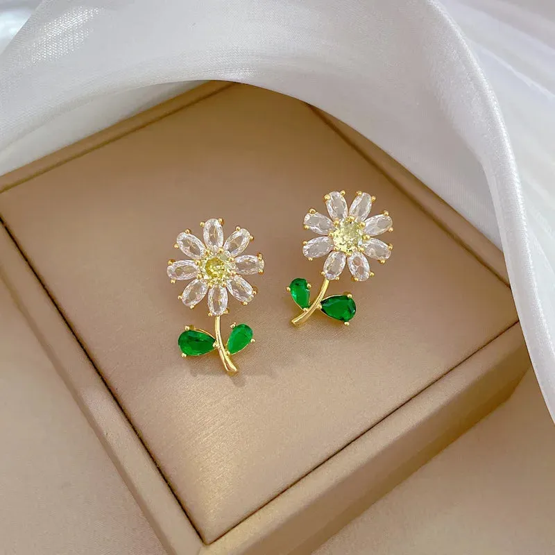 Fashionable Charming White Green Leaf Sunflower Necklace and Earrings Set Classic Retro Stainless Steel Party Wedding Jewelry