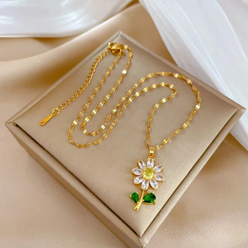 Fashionable Charming White Green Leaf Sunflower Necklace and Earrings Set Classic Retro Stainless Steel Party Wedding Jewelry