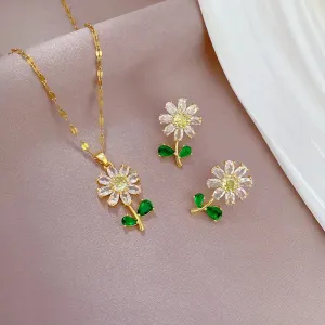Fashionable Charming White Green Leaf Sunflower Necklace and Earrings Set Classic Retro Stainless Steel Party Wedding Jewelry