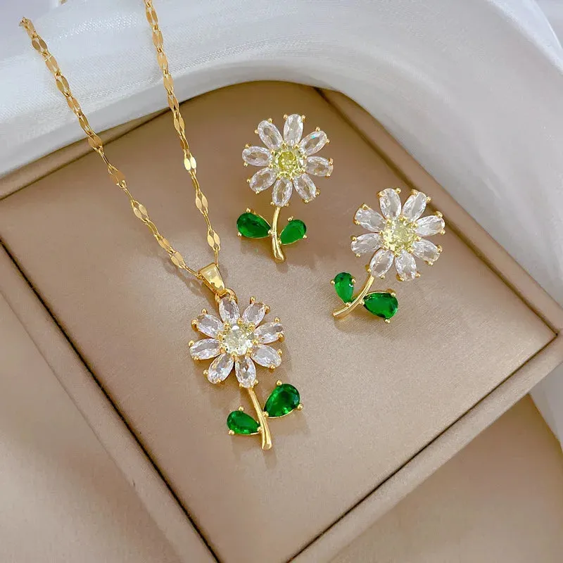 Fashionable Charming White Green Leaf Sunflower Necklace and Earrings Set Classic Retro Stainless Steel Party Wedding Jewelry