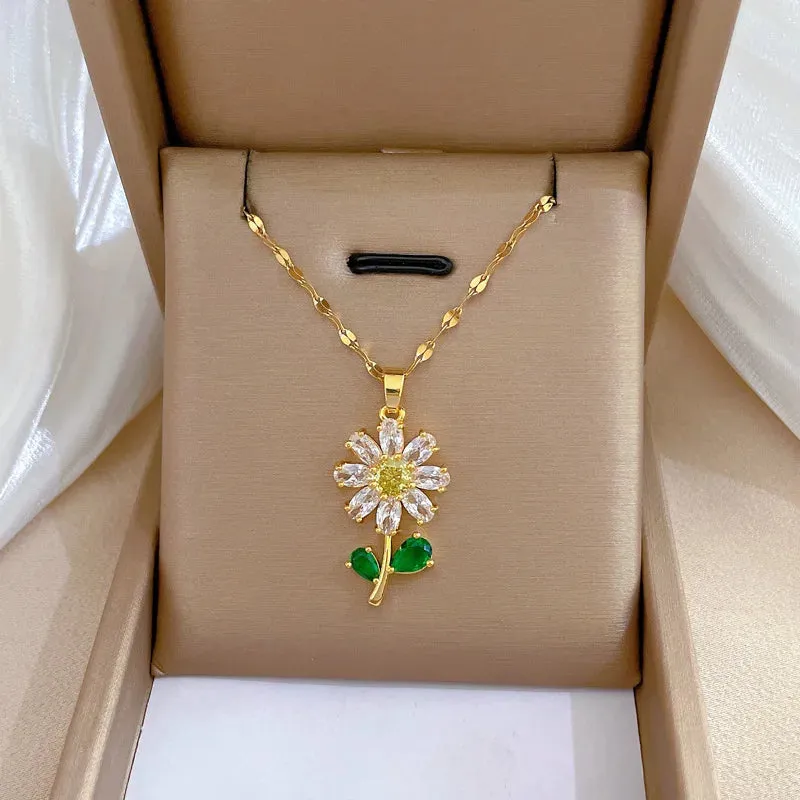 Fashionable Charming White Green Leaf Sunflower Necklace and Earrings Set Classic Retro Stainless Steel Party Wedding Jewelry