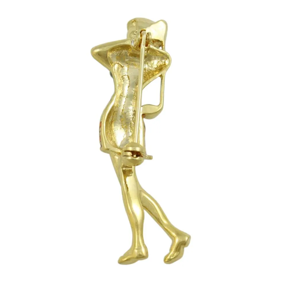 Female Golfer in Green and Orange Brooch Pin - PS526