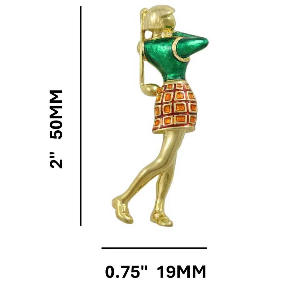 Female Golfer in Green and Orange Brooch Pin - PS526