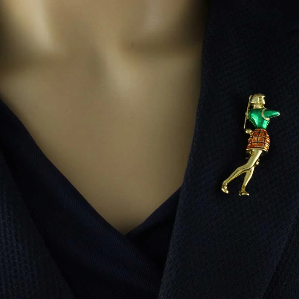 Female Golfer in Green and Orange Brooch Pin - PS526