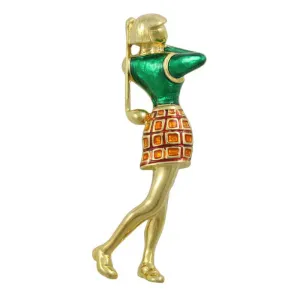 Female Golfer in Green and Orange Brooch Pin - PS526
