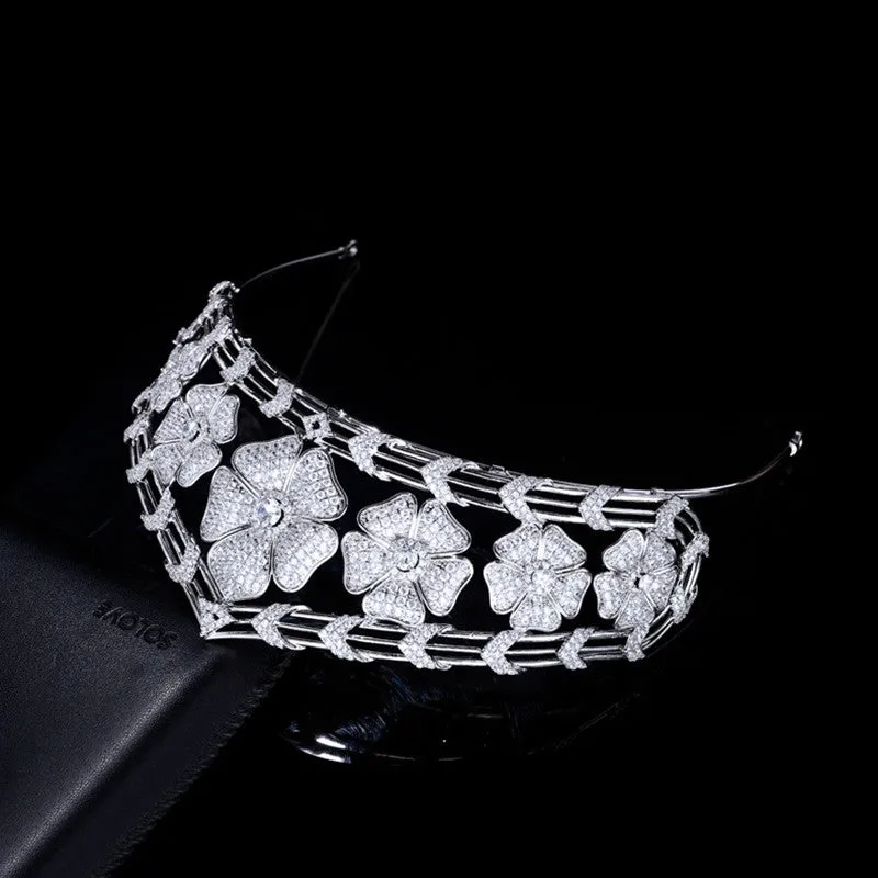 Floral Wedding Crown Tiara Full Zircon Hair Jewelry Accessories