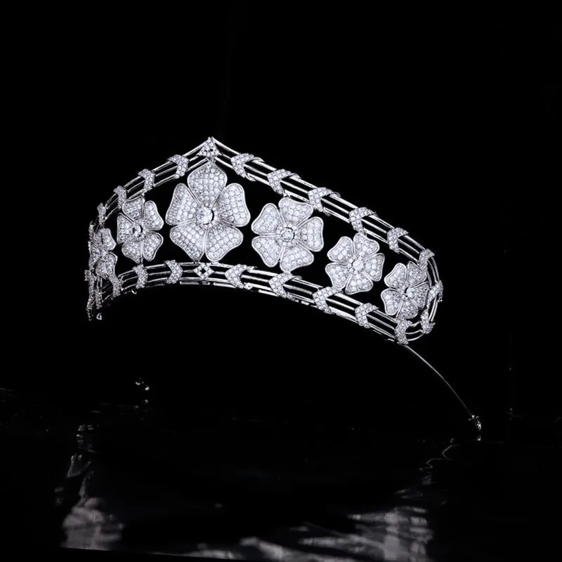 Floral Wedding Crown Tiara Full Zircon Hair Jewelry Accessories