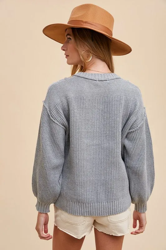 Gray Half Button Ribbed Hem Sweater