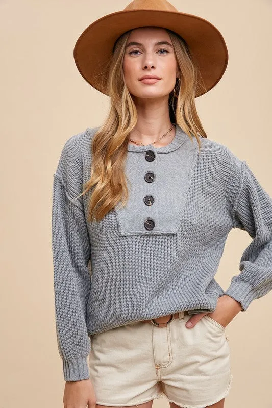 Gray Half Button Ribbed Hem Sweater