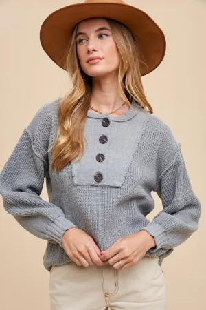 Gray Half Button Ribbed Hem Sweater