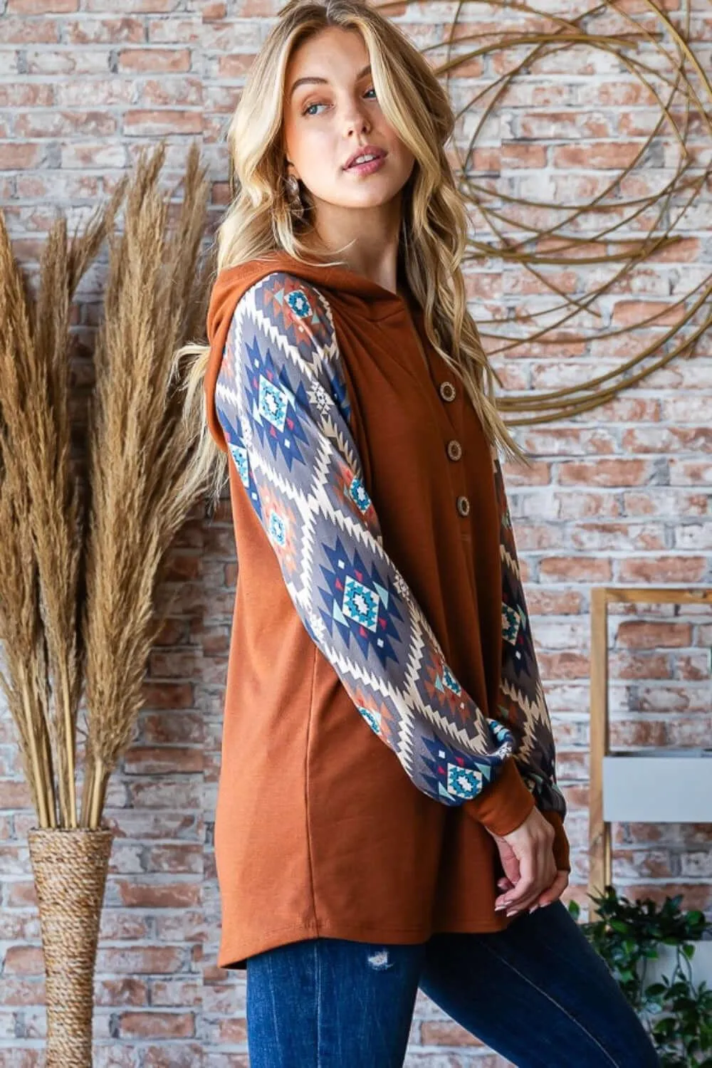 Half Button Printed Long Sleeve Hooded Top – Stylish Comfort