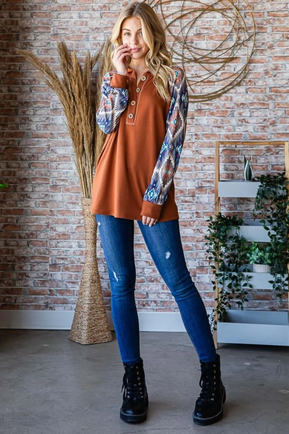 Half Button Printed Long Sleeve Hooded Top – Stylish Comfort
