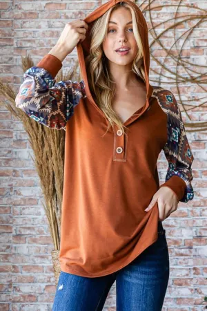 Half Button Printed Long Sleeve Hooded Top – Stylish Comfort