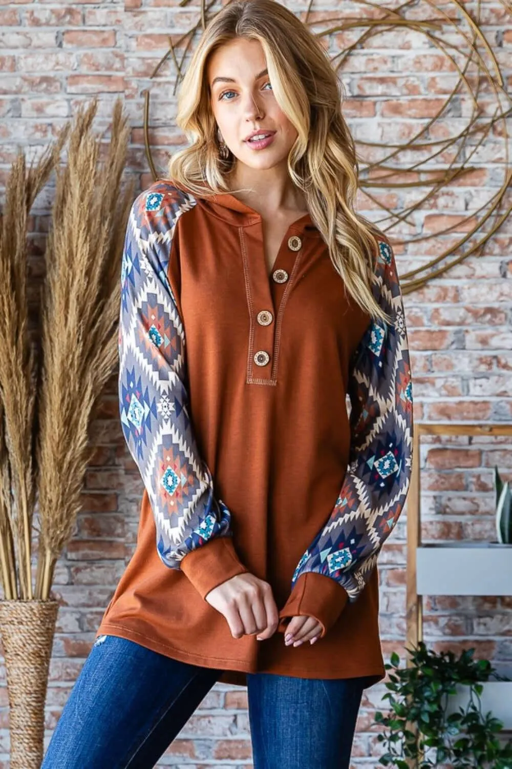 Half Button Printed Long Sleeve Hooded Top – Stylish Comfort