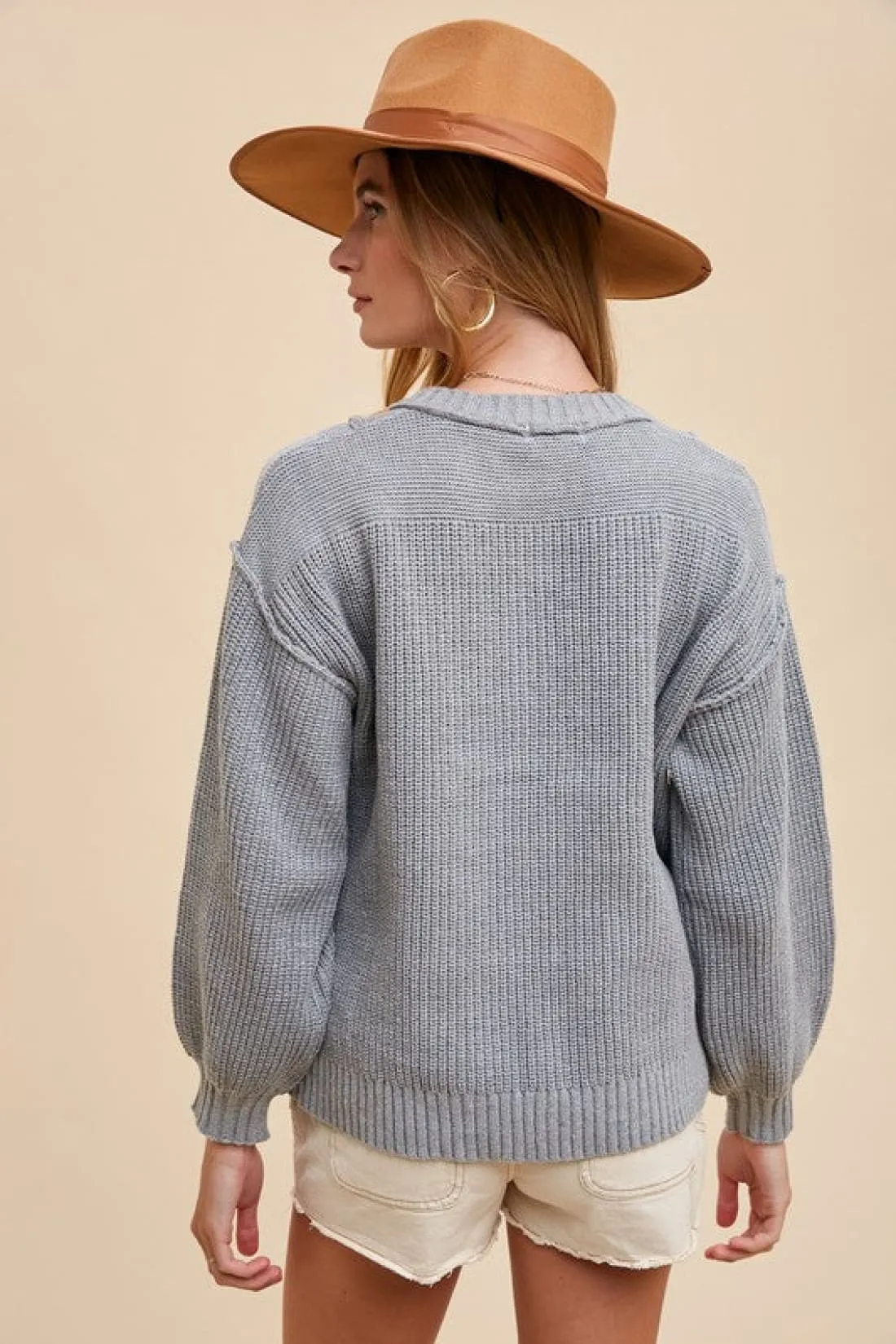 Half Button Ribbed Hem Sweater in Grey