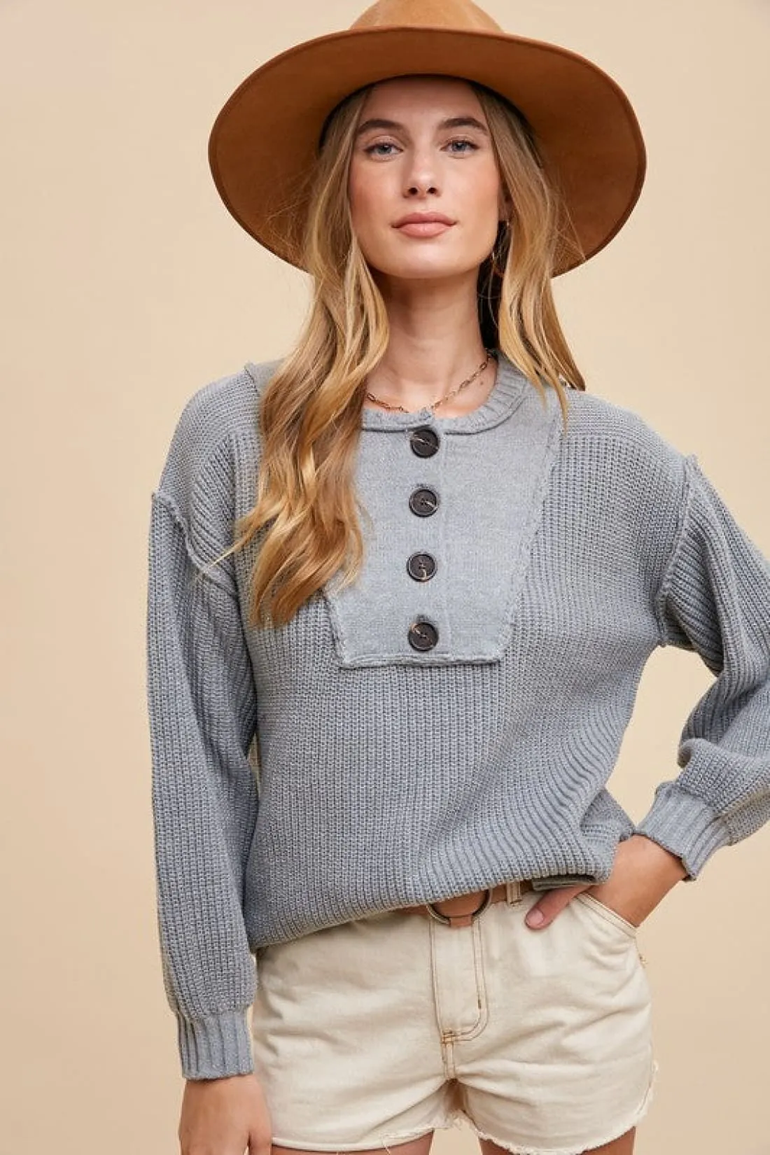 Half Button Ribbed Hem Sweater in Grey