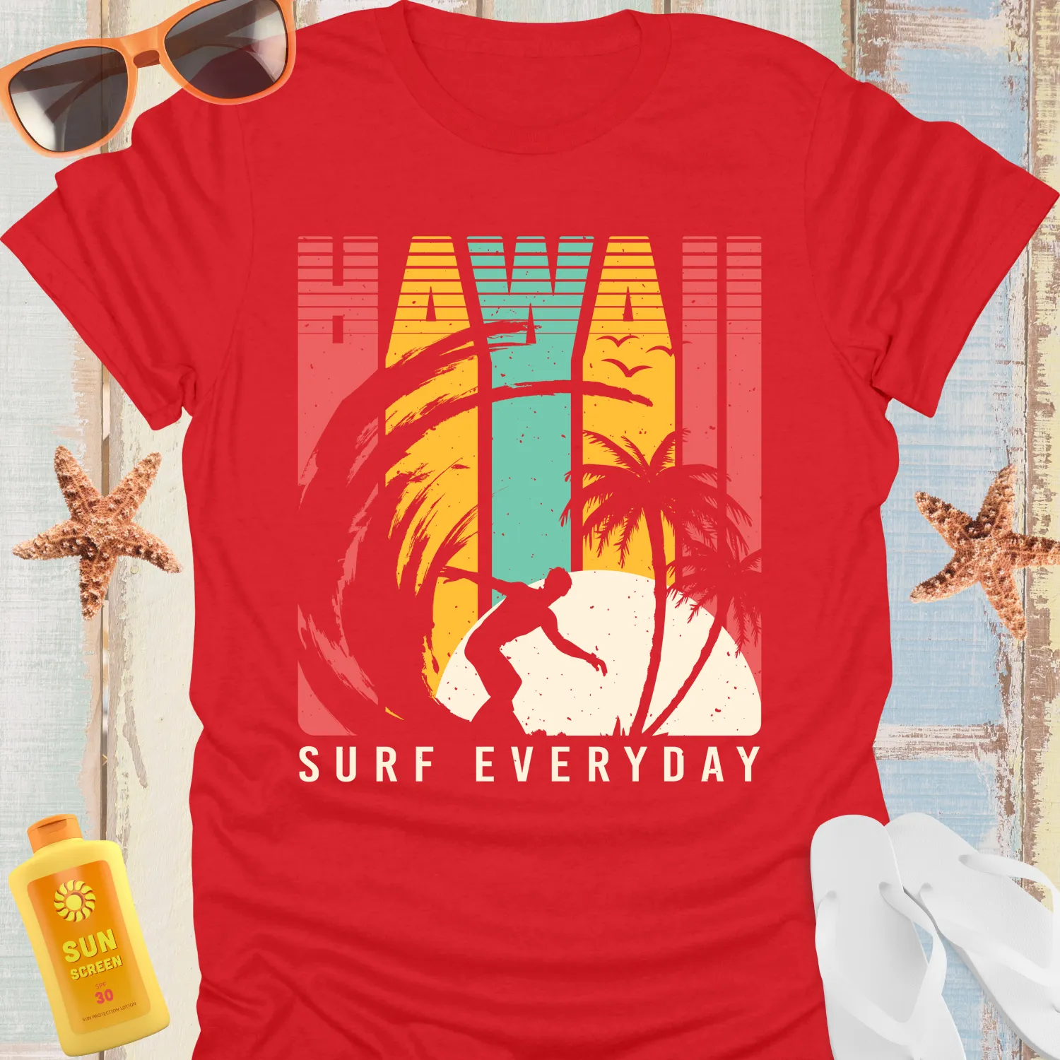 Hawaii Surf T-Shirt Retro Style With Surfer Silhouette