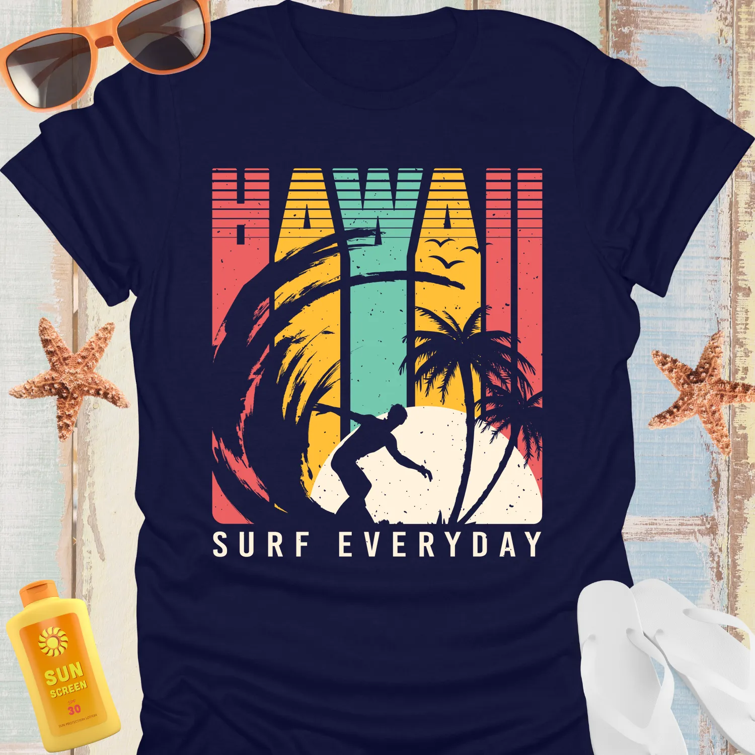 Hawaii Surf T-Shirt Retro Style With Surfer Silhouette