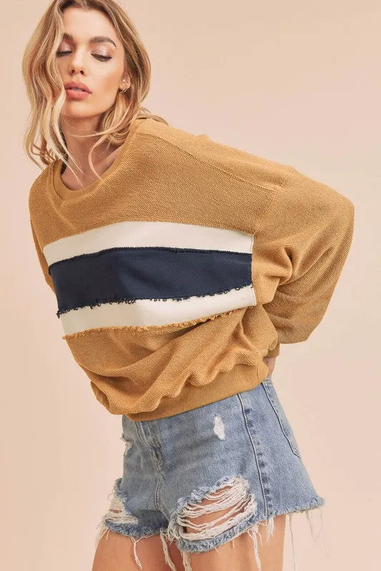 Hazel Blues® |  Aemi   Co Raw Hem Contrast Striped Dolman Sleeve Sweatshirt