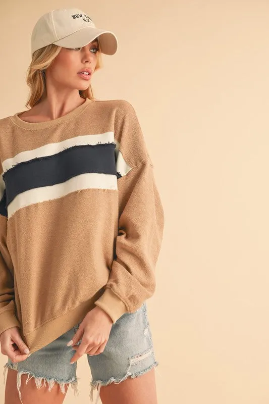 Hazel Blues® |  Aemi   Co Raw Hem Contrast Striped Dolman Sleeve Sweatshirt