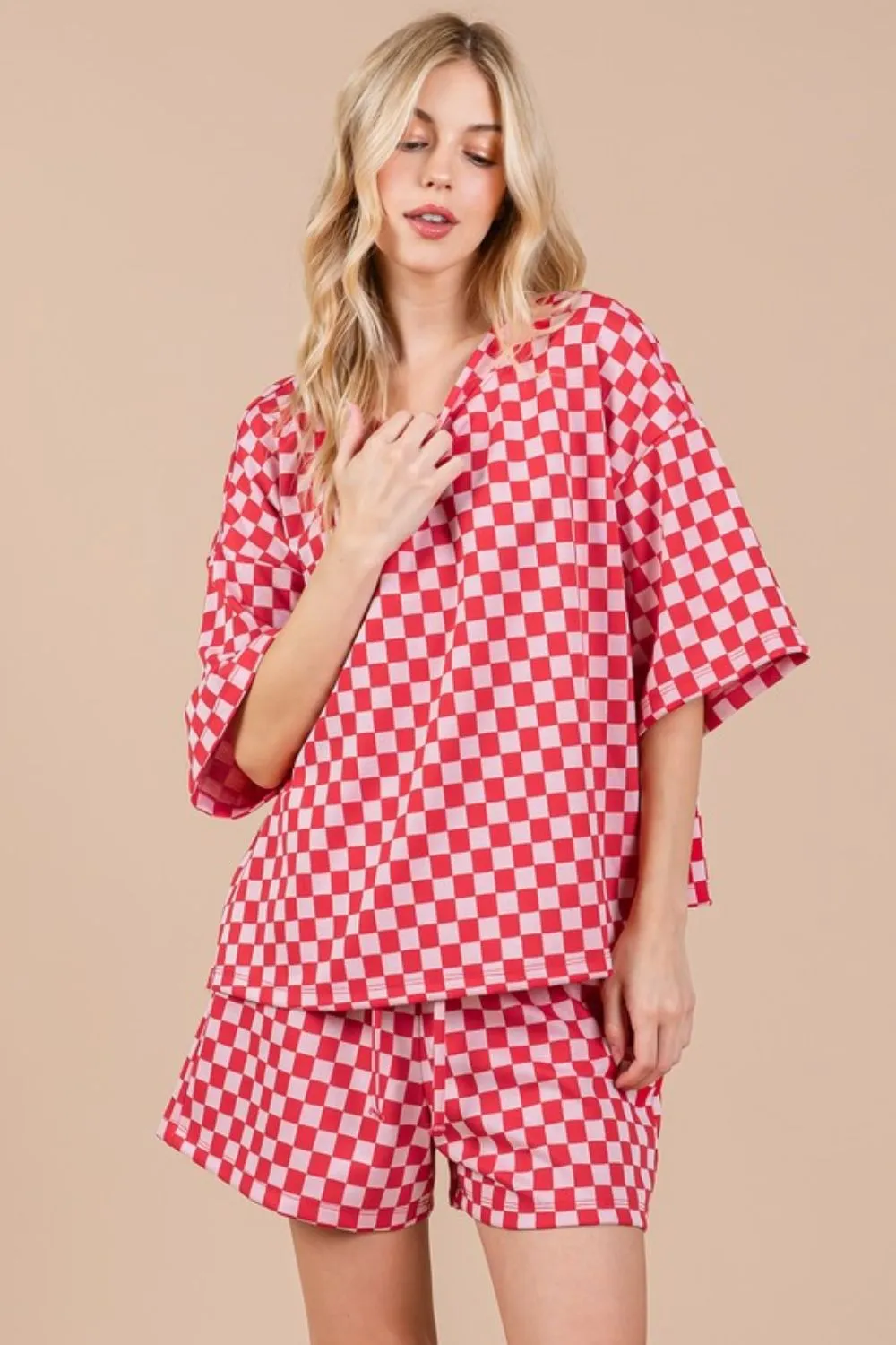 Hazel Blues® |  Ces Femme Checkered Round Neck Top and Shorts Set