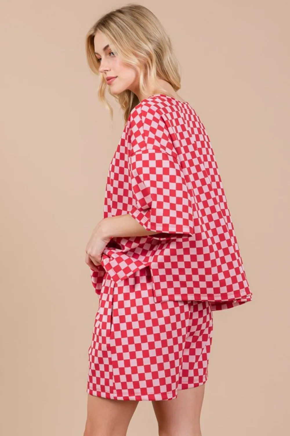 Hazel Blues® |  Ces Femme Checkered Round Neck Top and Shorts Set