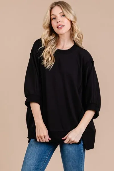 Hazel Blues® |  Ces Femme Side Slit Drop Shoulder Puff Sleeve Sweatshirt