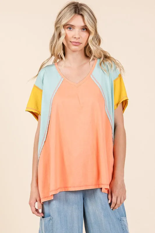 Hazel Blues® |  Mittoshop Color Block V-Neck Short Sleeve T-Shirt