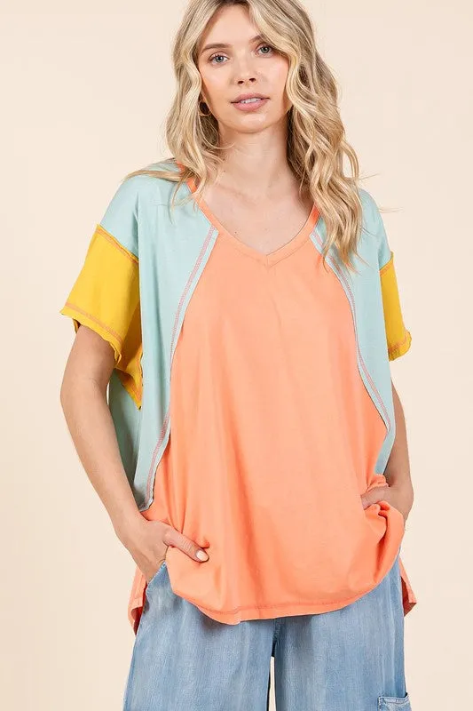 Hazel Blues® |  Mittoshop Color Block V-Neck Short Sleeve T-Shirt
