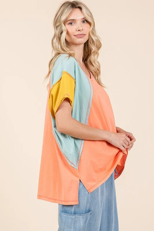 Hazel Blues® |  Mittoshop Color Block V-Neck Short Sleeve T-Shirt