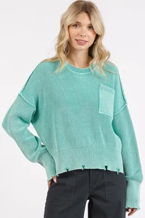 Hazel Blues® |  Mittoshop Distressed Hem Round Neck Dropped Shoulder Sweater