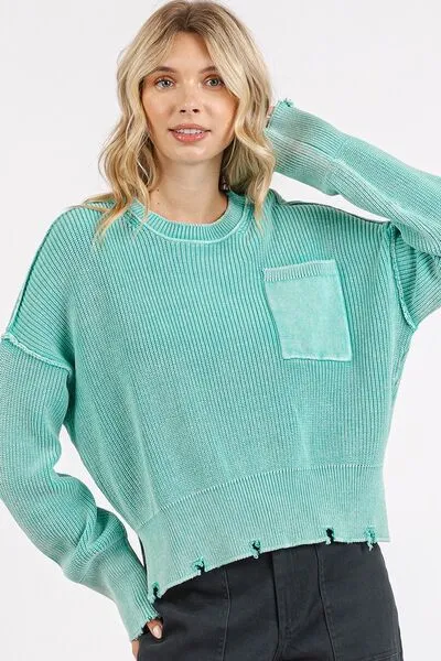Hazel Blues® |  Mittoshop Distressed Hem Round Neck Dropped Shoulder Sweater