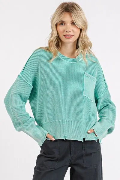Hazel Blues® |  Mittoshop Distressed Hem Round Neck Dropped Shoulder Sweater