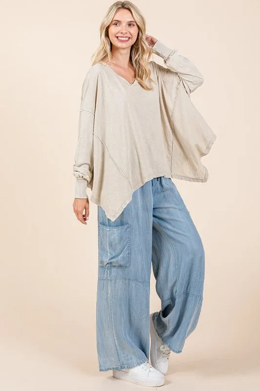 Hazel Blues® |  Mittoshop Mineral Wash V-Neck Long Sleeve Oversized Top